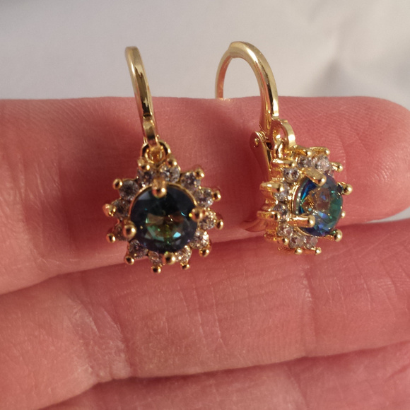 Jewelry - Gold Blue Mystic Topaz Zircon Sunflower Earrings